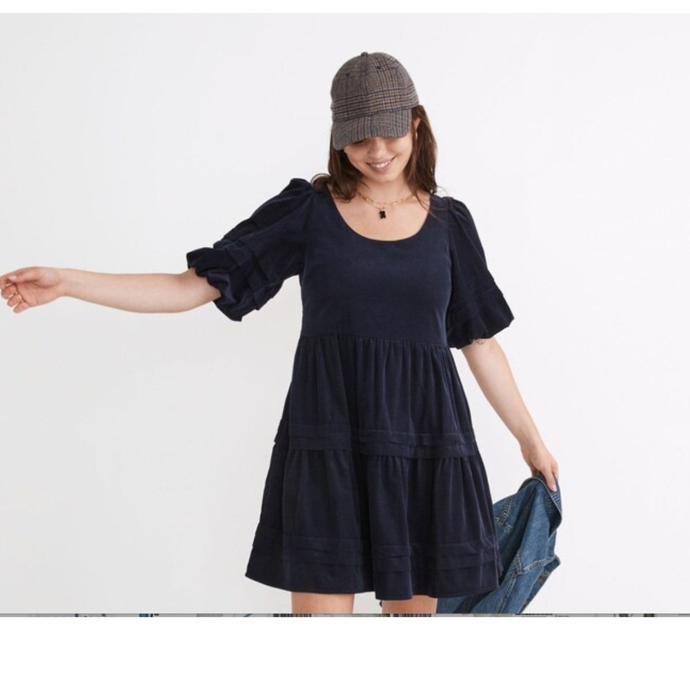 Madewell Corduroy Tiered Mini Dress Deep Indigo Blue NH064 Womens Small